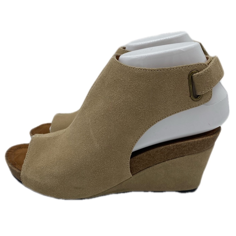 Mark Jenkins Tan Suede Velcro Back Open Toe Wedge Sandals